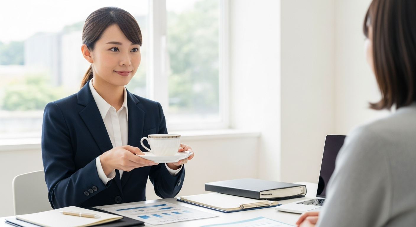 来客時のお茶の出し方を表現した場面。