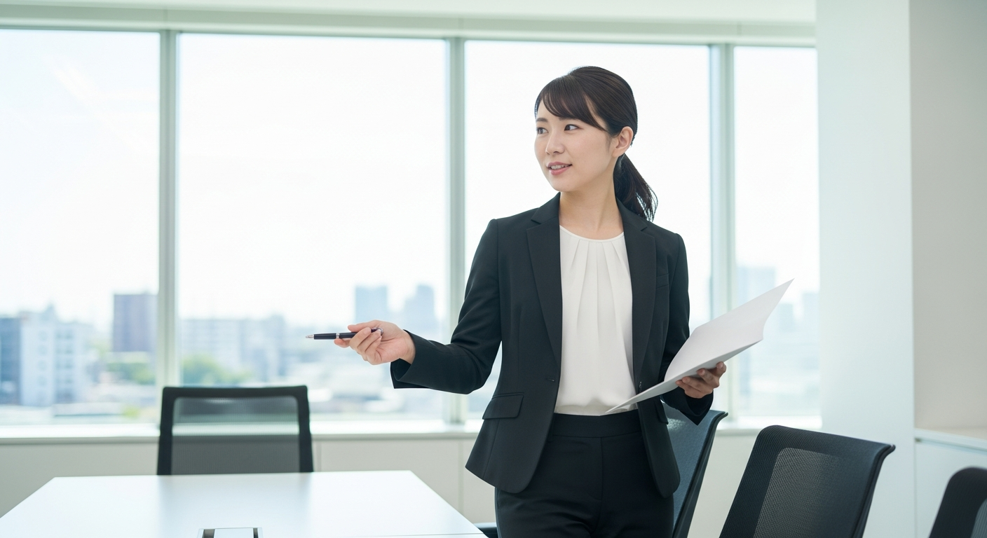 会議室で商談をしている30代の日本人女性。