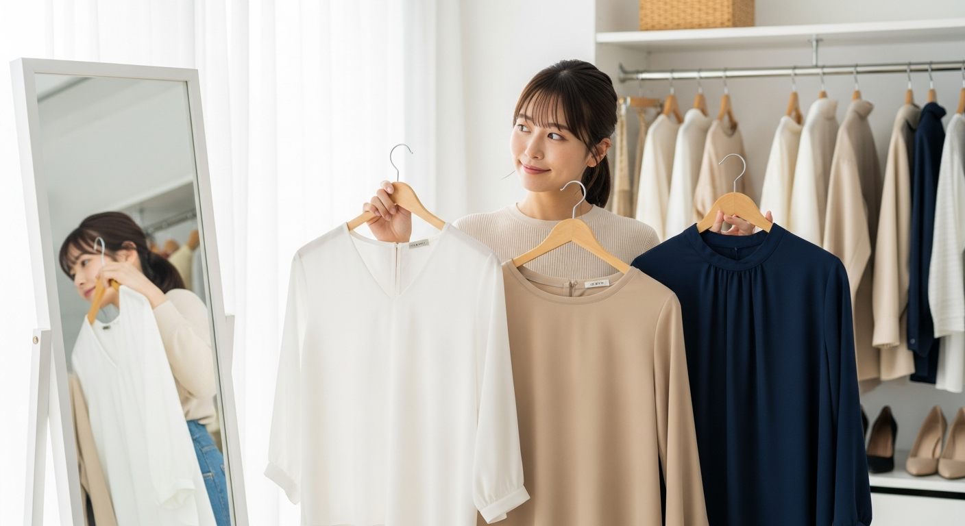 æããã¯ããŒãŒããã«ãŒã ã§ã20ä»£ã®æ¥æ¬äººå¥³æ§ãé¡ã®åã§3çš®é¡ã®ç°ãªãè¥ãã¶ã€ã³ã®ãã©ãŠã¹ïŒçœãVããã¯ãããŒãžã¥ã®ã©ãŠã³ãããã¯ããã€ããŒã®ã¹ã¿ã³ãã«ã©ãŒïŒãé çªã«åãããŠæ¯èŒæ€èšããŠããæ§åã