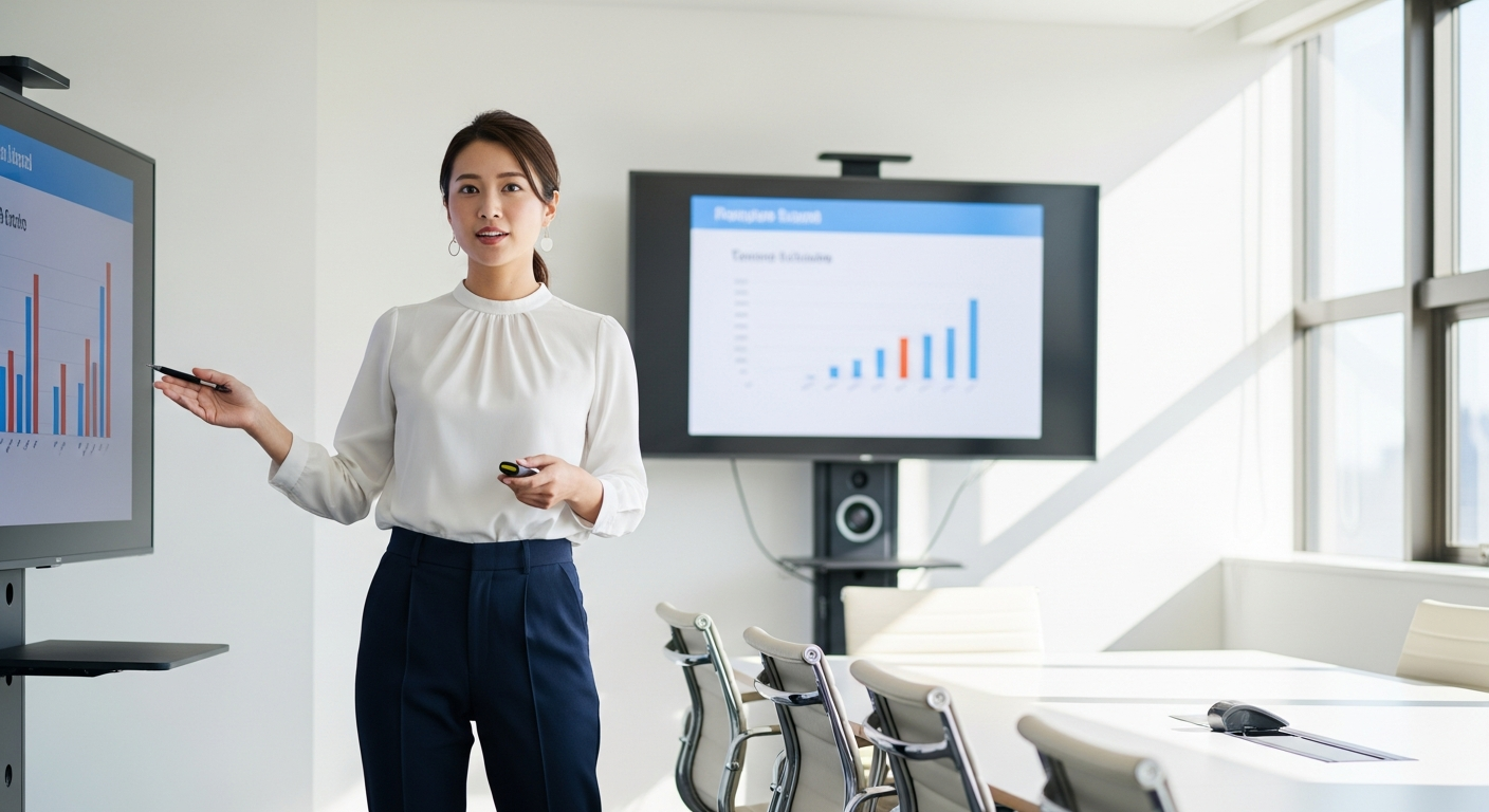 æãããªãã£ã¹äŒè°å®€ã§ã30ä»£ã®æ¥æ¬äººå¥³æ§ãã¹ã¿ã³ãã«ã©ãŒã®çœããã©ãŠã¹ã«ããŒã¯ãã€ããŒã®ããŒããŒããã³ããåãããããžãã¹ã¹ã¿ã€ã«ã§ãèªä¿¡ã«æºã¡ã衚æ
ã§ãã¬ãŒã³ããŒã·ã§ã³ãããŠããæ§åã