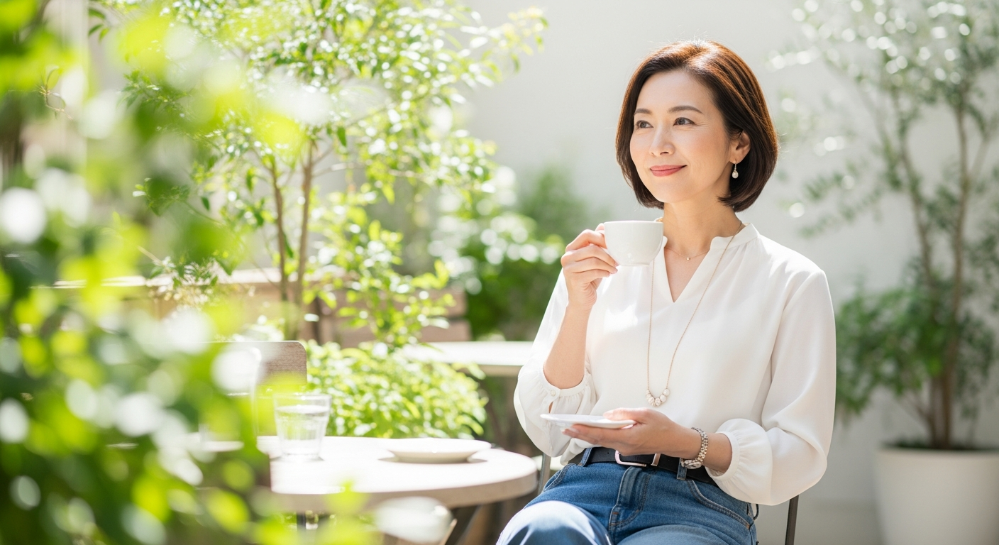 明るいカフェテラスで、50代の日本人女性が白いブラウスにデニムパンツを合わせたカジュアルスタイルでコーヒーを楽しんでいる様子。