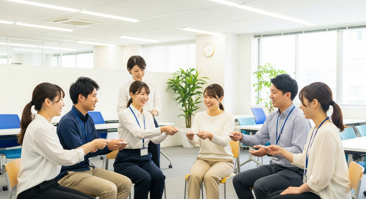 明るいオフィスの研修室で、日本人の新入社員たちが円形に座り、ロールプレイングを行っている様子。