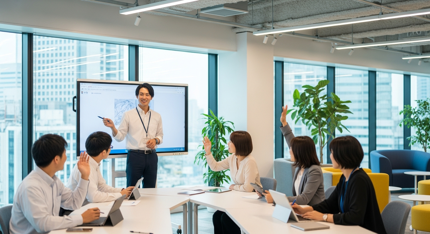 現代的なオフィスで、日本人の研修担当者が新入社員に対して優しく指導している場面。