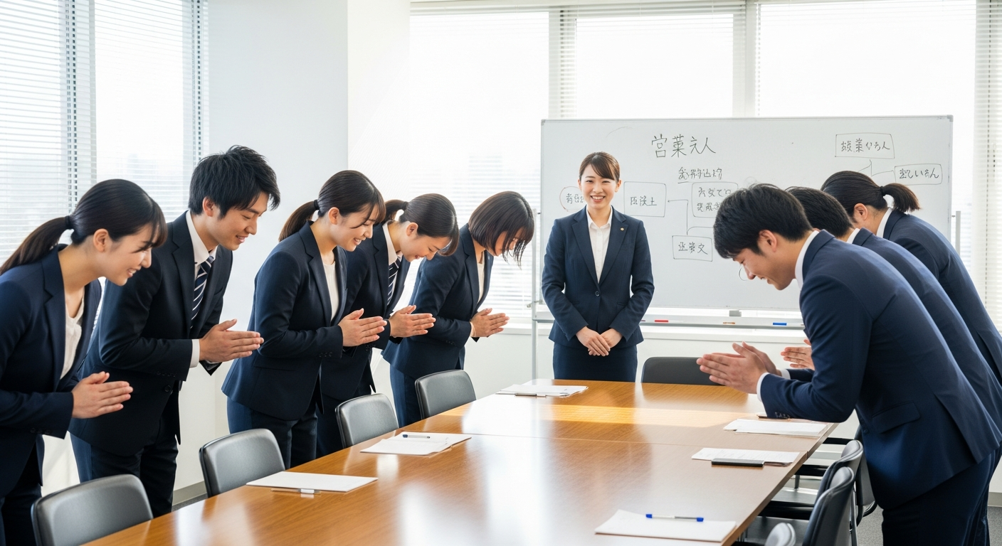 明るいオフィスの会議室で、20代の日本人新入社員たちが挨拶の練習をしている様子。