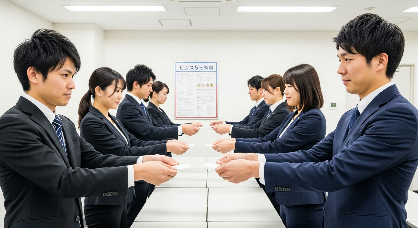 明るいオフィス環境で、20代から30代の日本人ビジネスパーソンたちが名刺交換の練習をしている様子。