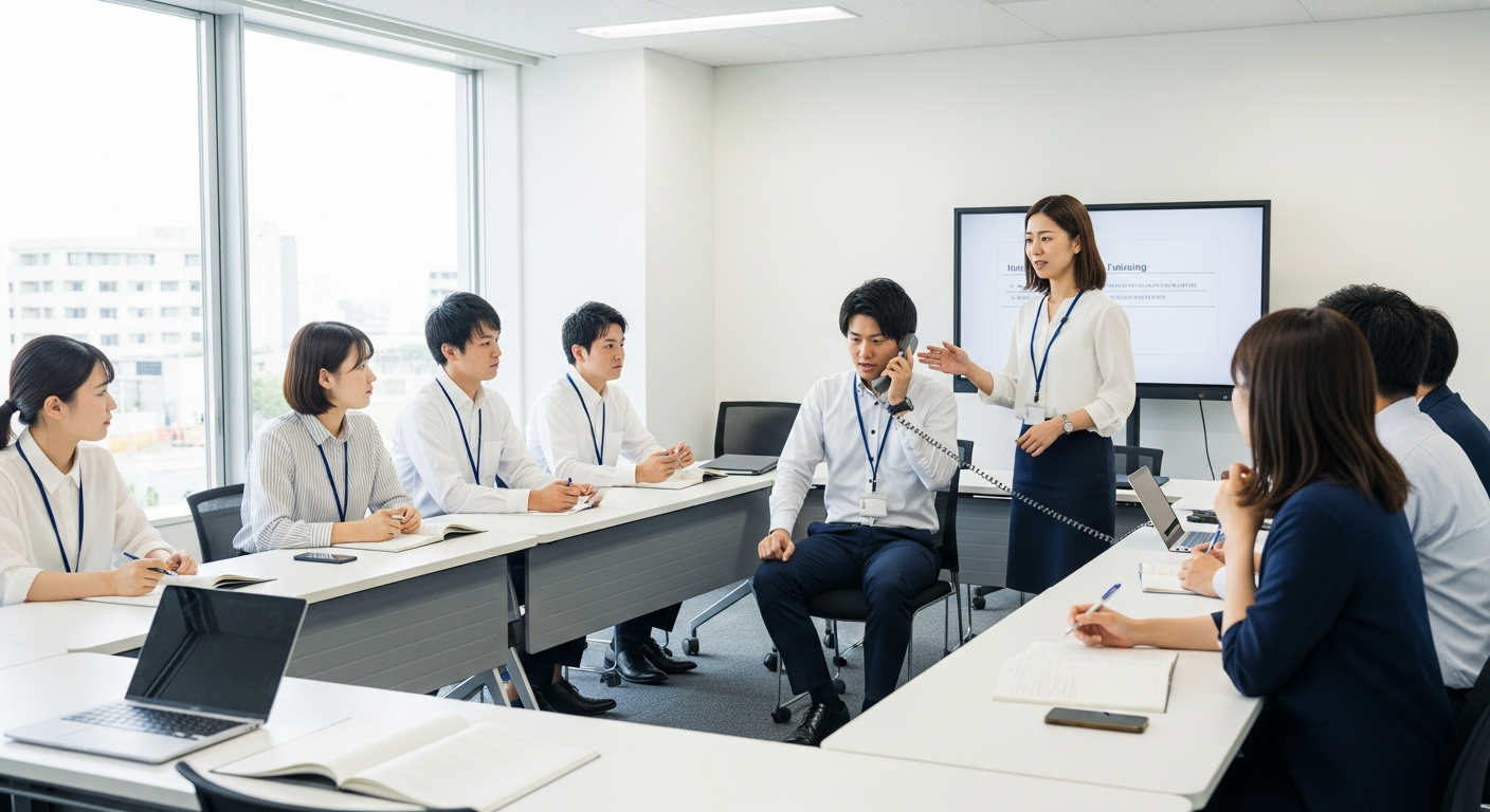 現代的な研修室で、20代の日本人新入社員たちがロールプレイ研修を受けている場面。