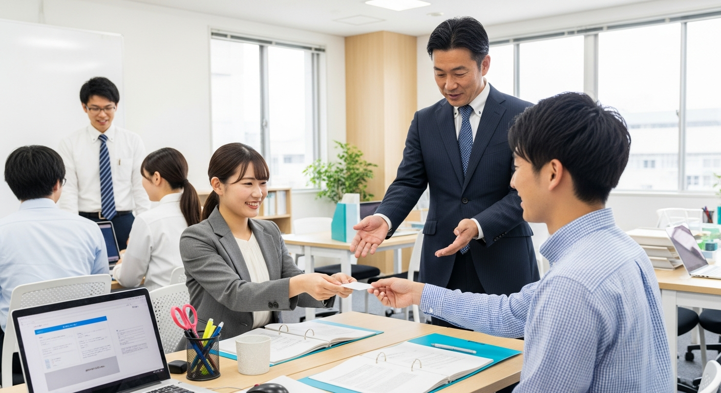 オフィスでビジネスマナーの基本を学ぶ新入社員たちの様子。