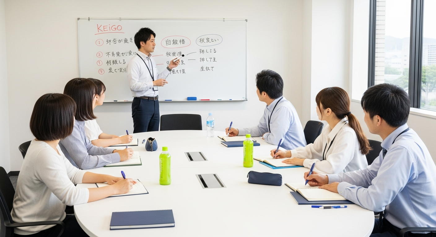 会議室で座学とロールプレイを組み合わせた研修を受ける社員たち。