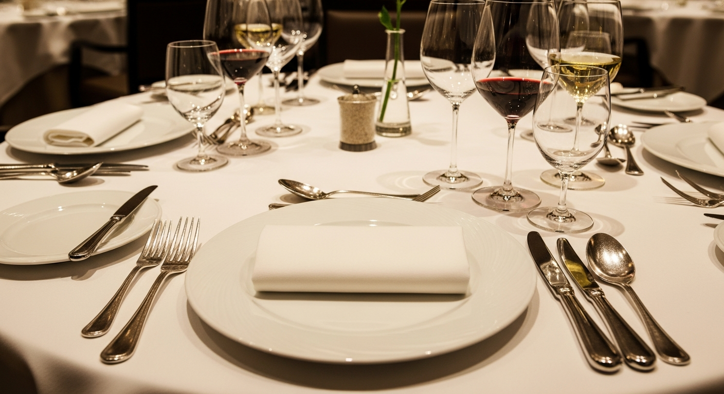 エレガントなレストランでのテーブルセッティングの様子。