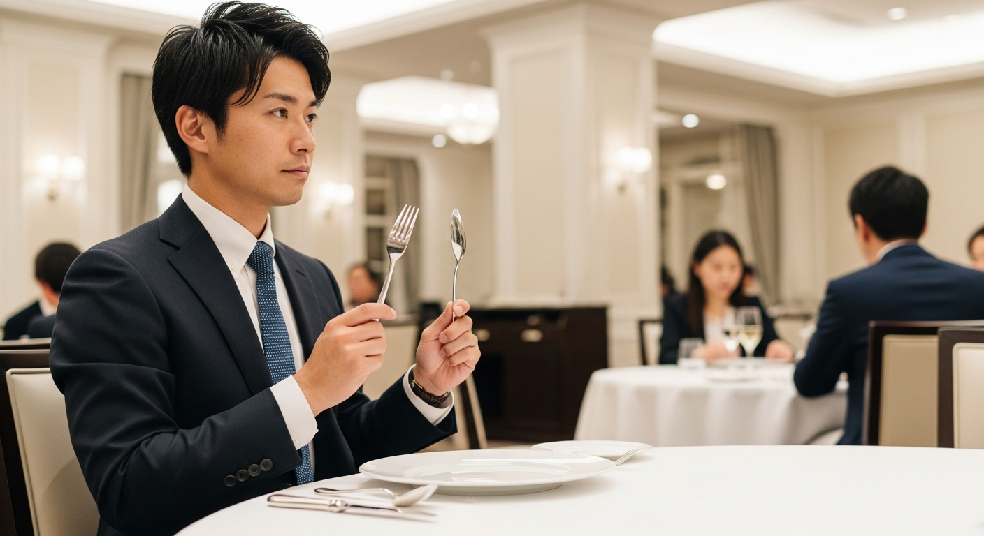 30代の日本人男性がビジネススーツを着て、高級レストランでスプーンとフォークを正しく持って食事をしている様子。
