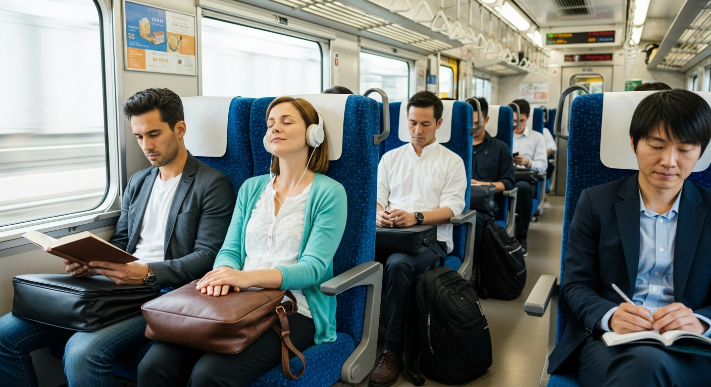 日本の電車内での正しいマナーを実践する多国籍の人々。