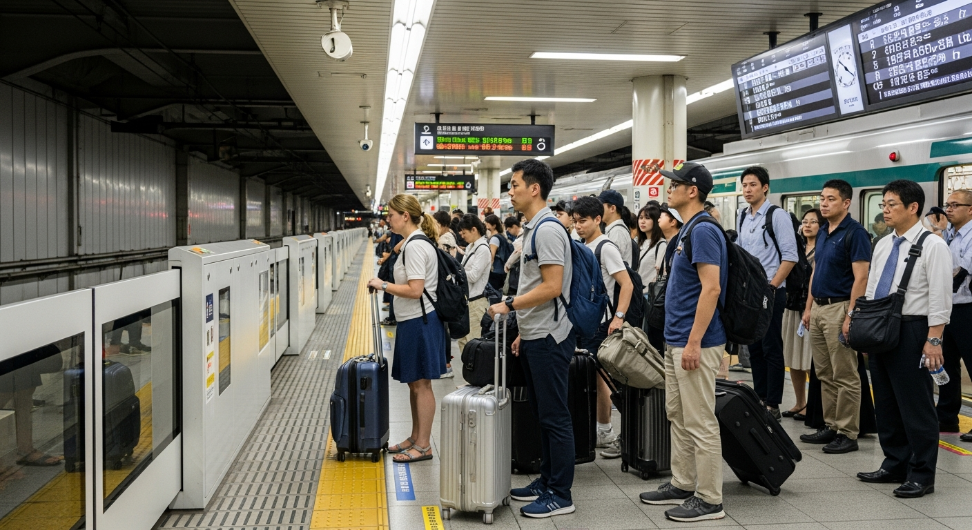 電車のホームで整列乗車をする外国人観光客と日本人の様子。
