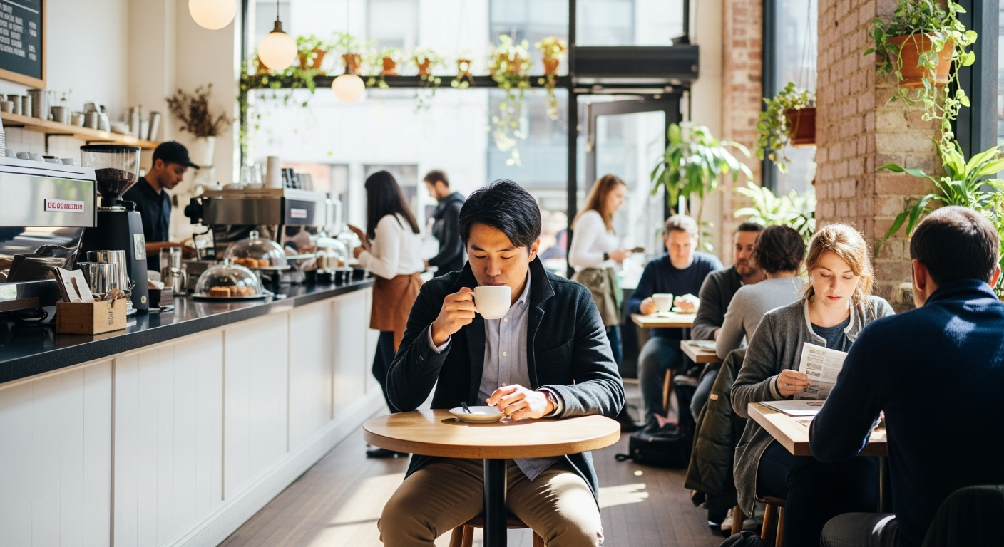 オーストラリアの高級レストランの店内で、スマートカジュアルな服装をした日本人カップルが食事をしている様子。