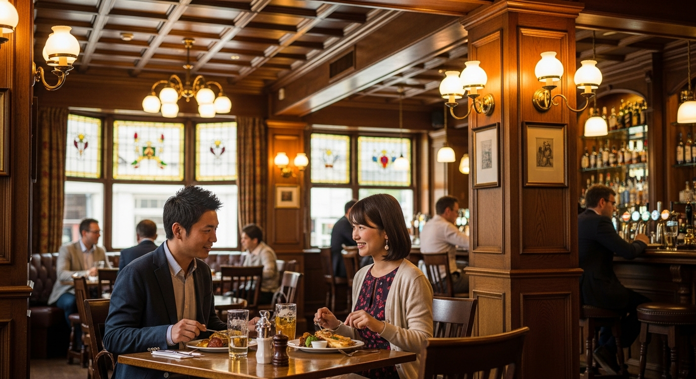 エレガントなイギリスの伝統的なパブの内部で、適切なスマートカジュアルな服装をした日本人の男女が食事を楽しんでいる様子。