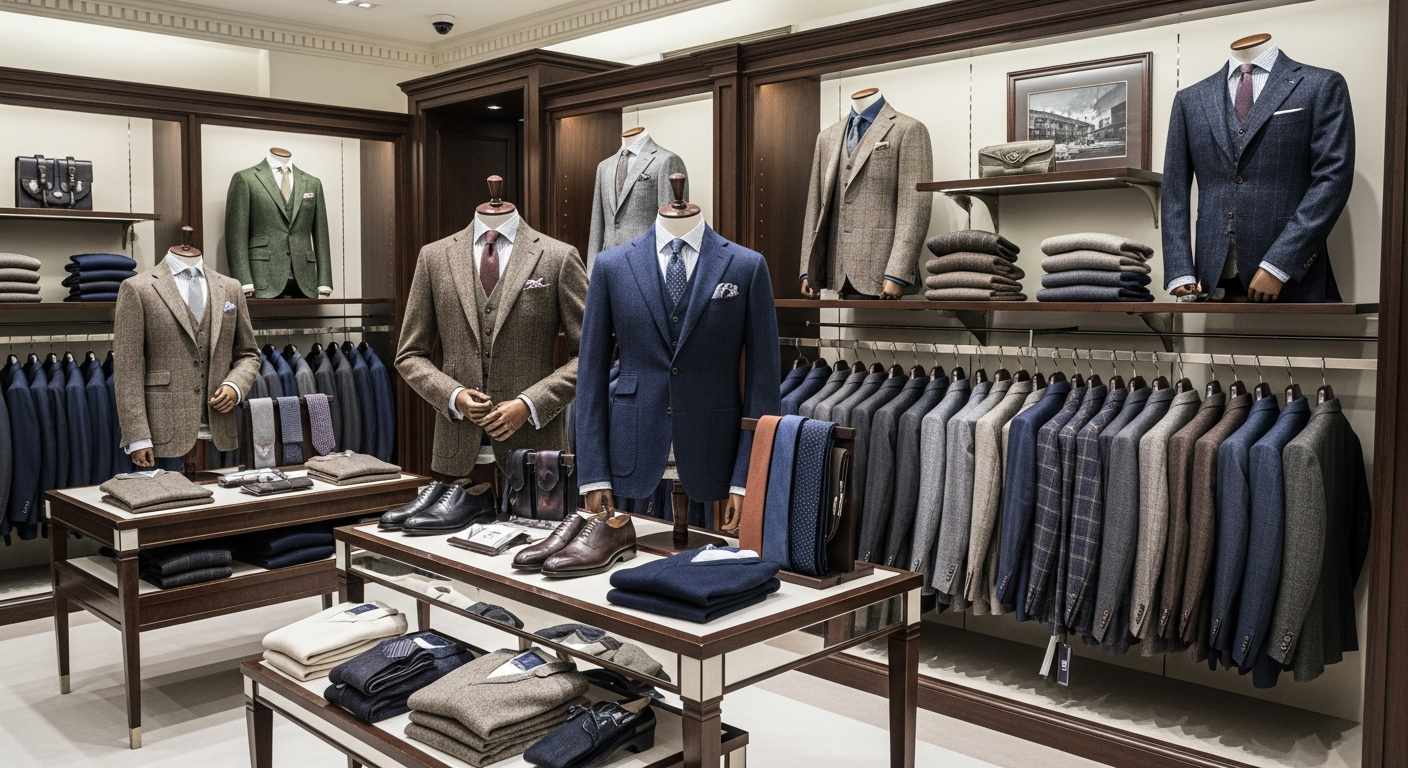 ロンドンの高級デパートの紳士服売り場で、質の良いスーツやジャケットが整然と陳列されている様子。