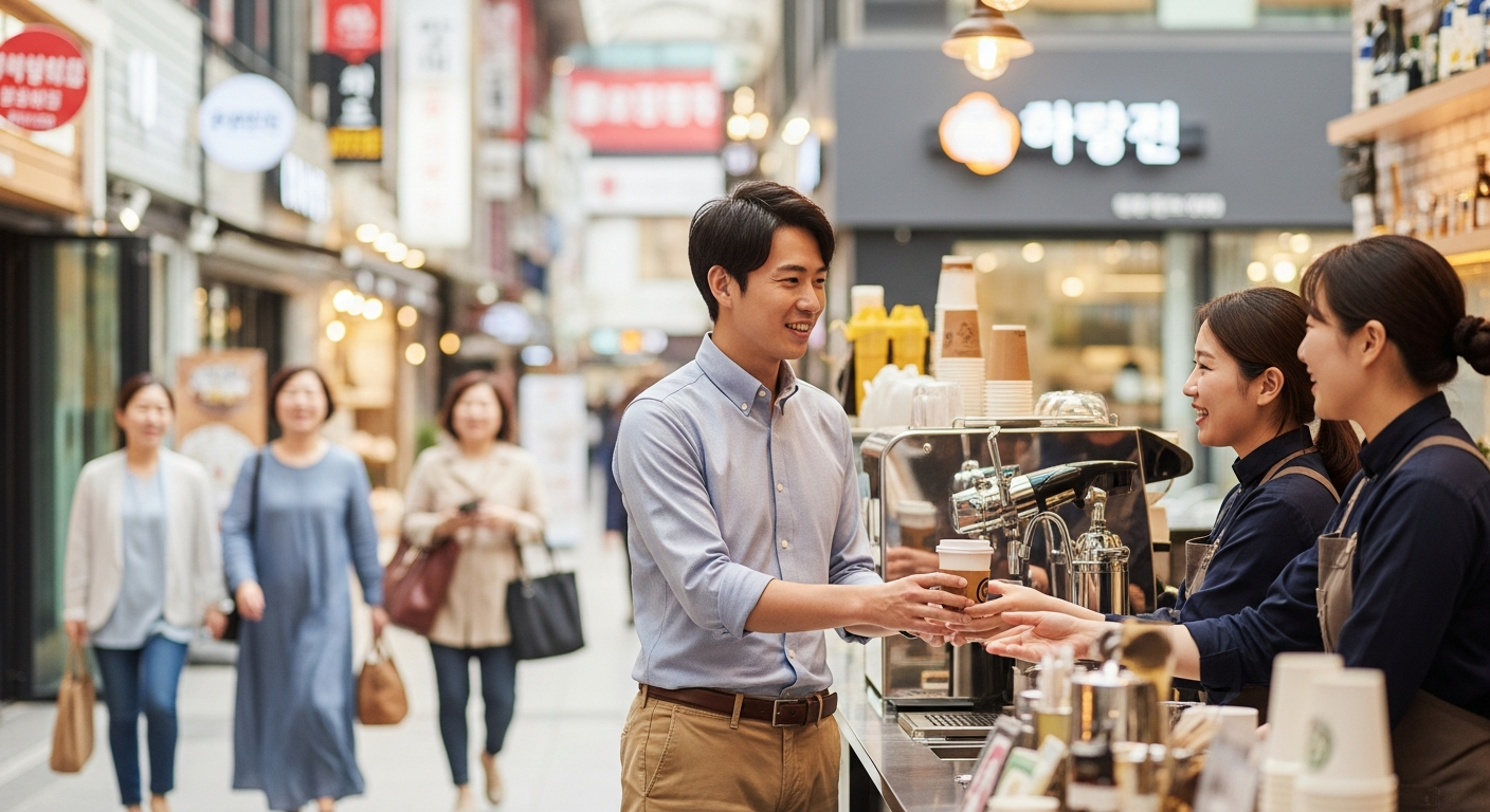 韓国の現代的なカフェやショッピング街で、スマートカジュアルな服装（襟付きシャツとチノパン）を着た30代の日本人男性が現地の人々と自然に交流している様子。