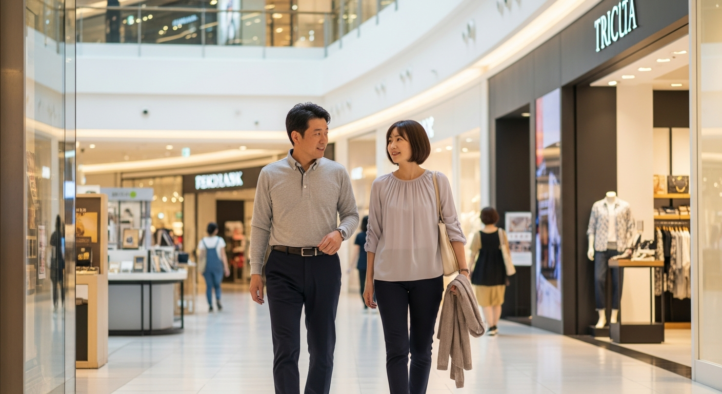 シンガポールのショッピングモール内で、適切な服装をした日本人観光客が買い物を楽しんでいる様子。