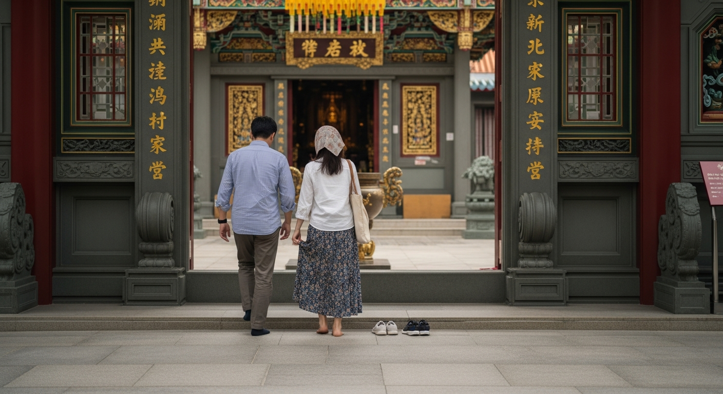 シンガポールの伝統的な寺院の入り口で、適切な服装に身を包んだ日本人観光客が参拝準備をしている場面。