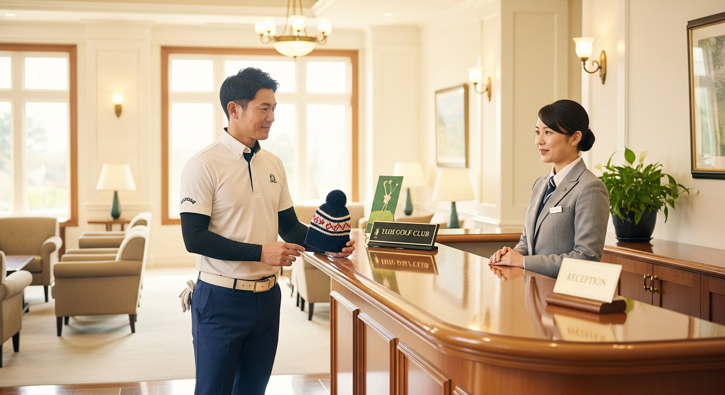 明るい色調のゴルフクラブハウスのロビーで、30代の日本人男性ゴルファーがニット帽を手に持ちながら受付カウンターで手続きをしている様子。