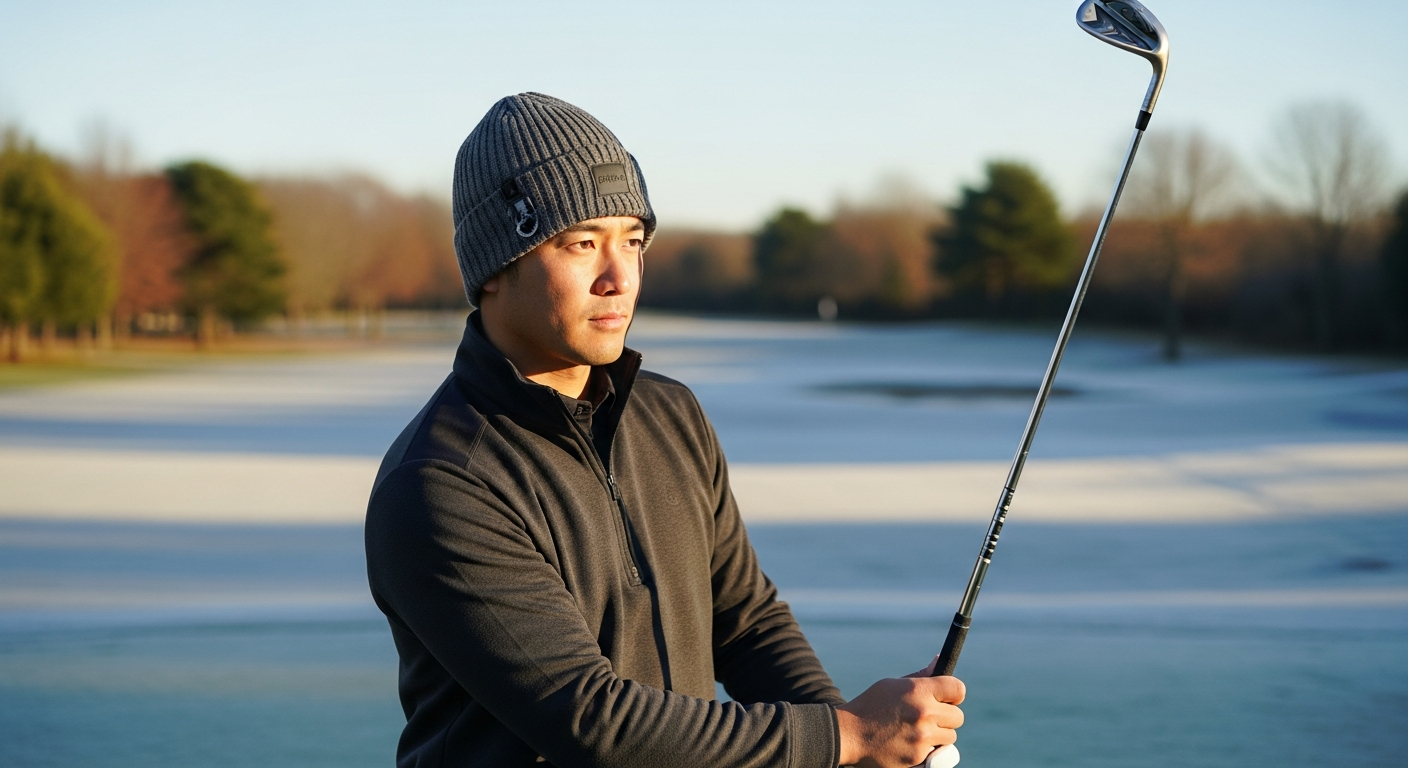 冬の晴れた日のゴルフコースで、20代後半の日本人男性がグレーのニット帽を適切に着用してゴルフクラブを構えている様子。