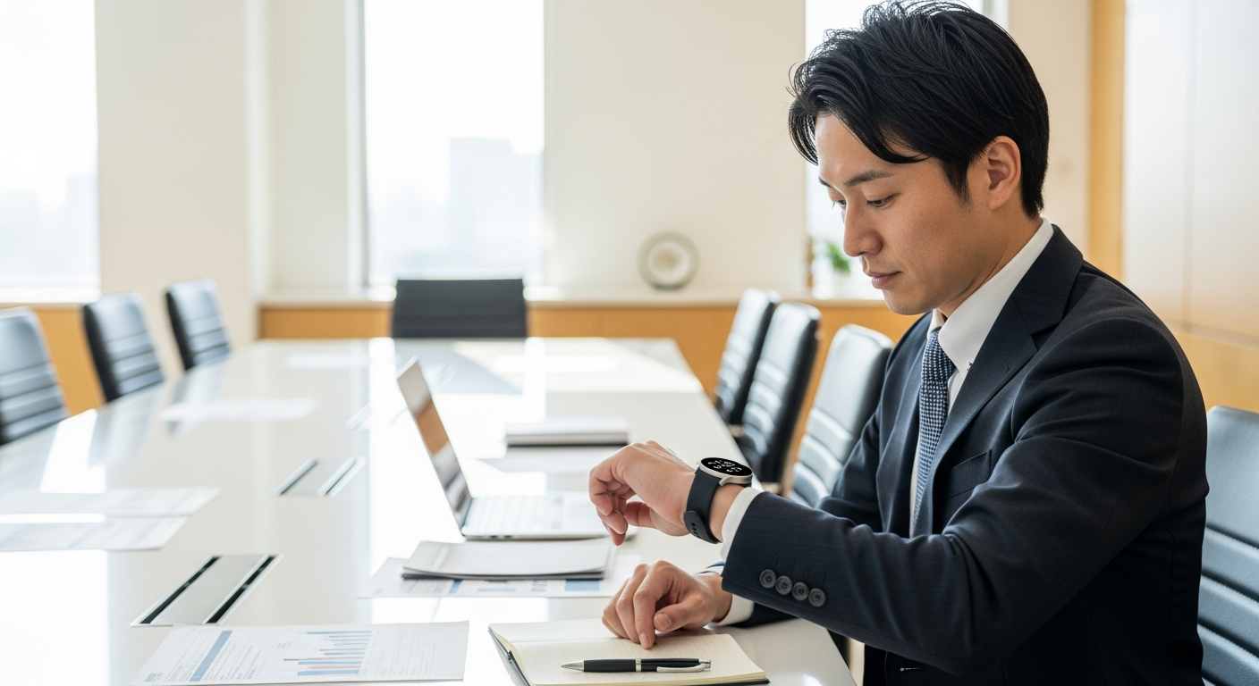 モダンな会議室で、スーツを着た30代の日本人ビジネスマンが腕時計を見ている様子。