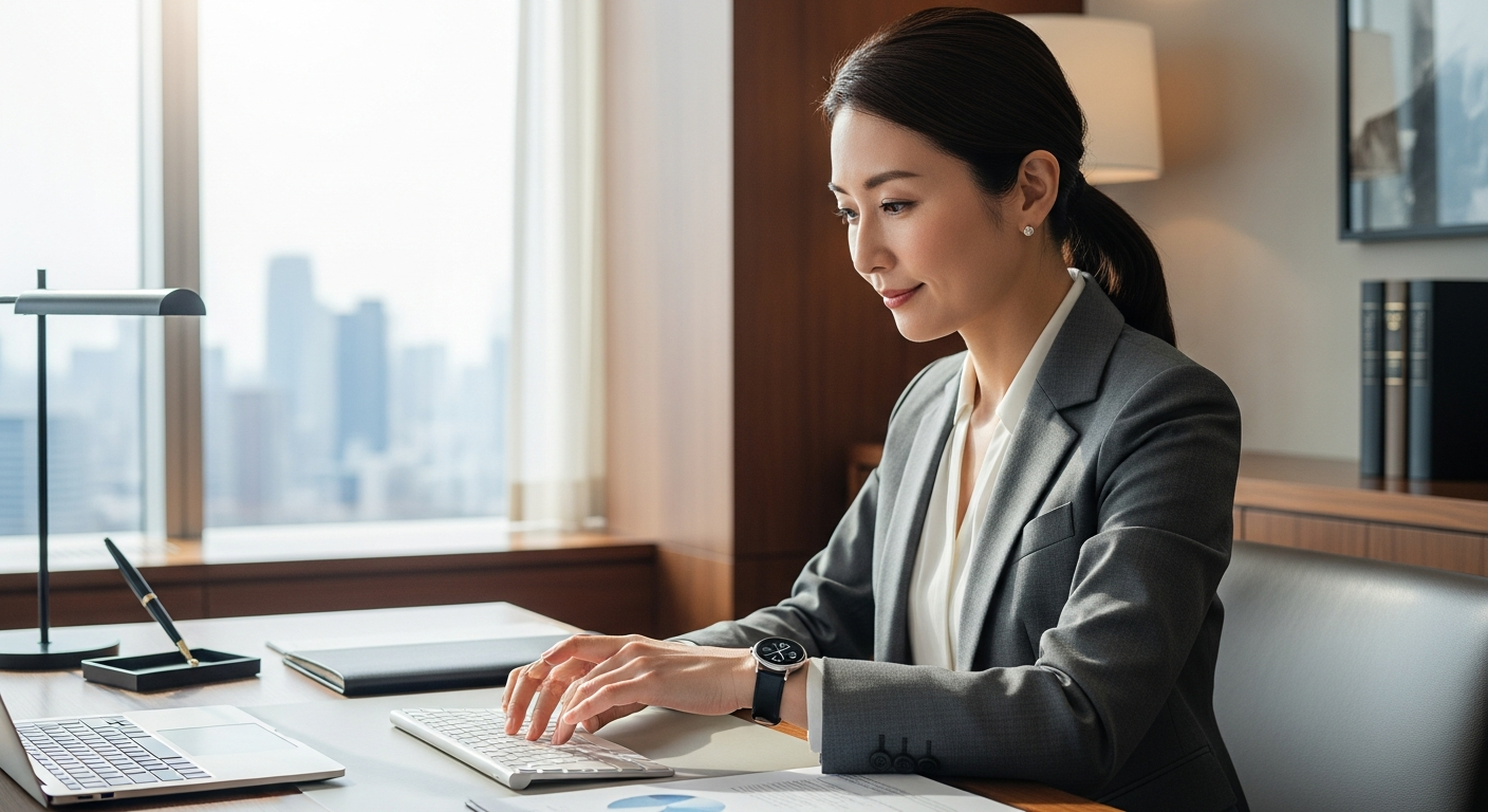 高級感のあるオフィスで、40代の日本人ビジネスウーマンがスマートウォッチを着用してデスクワークをしている様子。