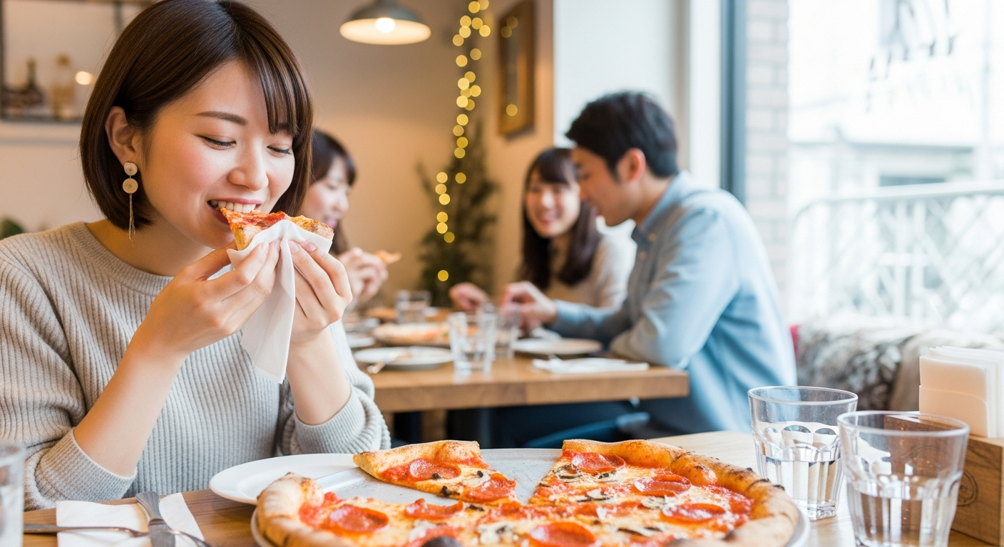 カジュアルなピザ店で、20代の日本人女性がピザを手で食べている様子。