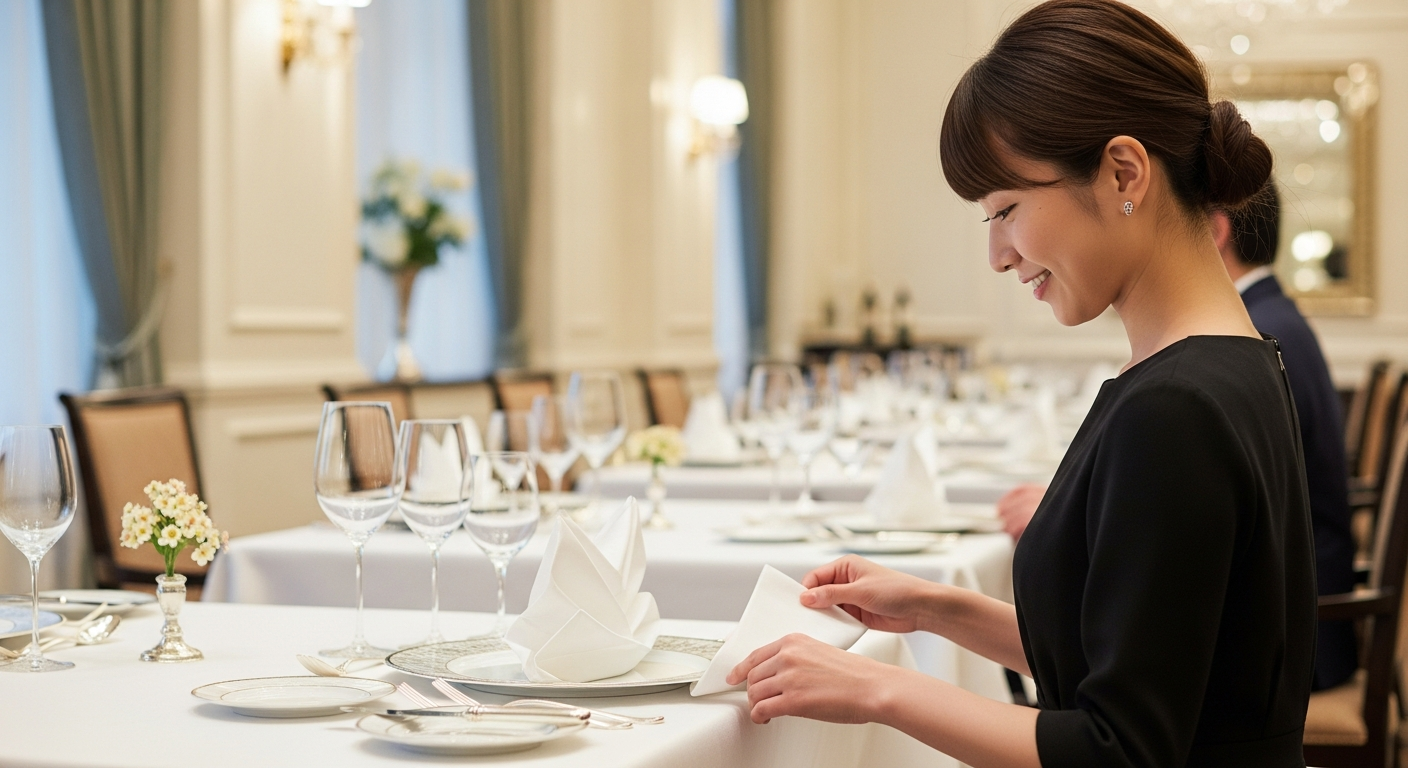 フォーマルなレストランで、20代の日本人女性が白いナプキンを二つ折りにして膝の上に置いている様子。