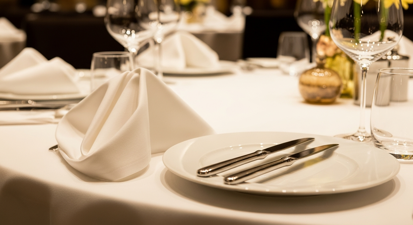 高級レストランのテーブルで、食事終了後に白いナプキンがテーブルの左側に自然に畳まれて置かれている様子。