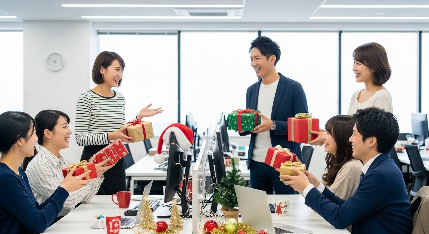 職場のオフィスでクリスマスプレゼント交換をしている日本人の同僚たち。