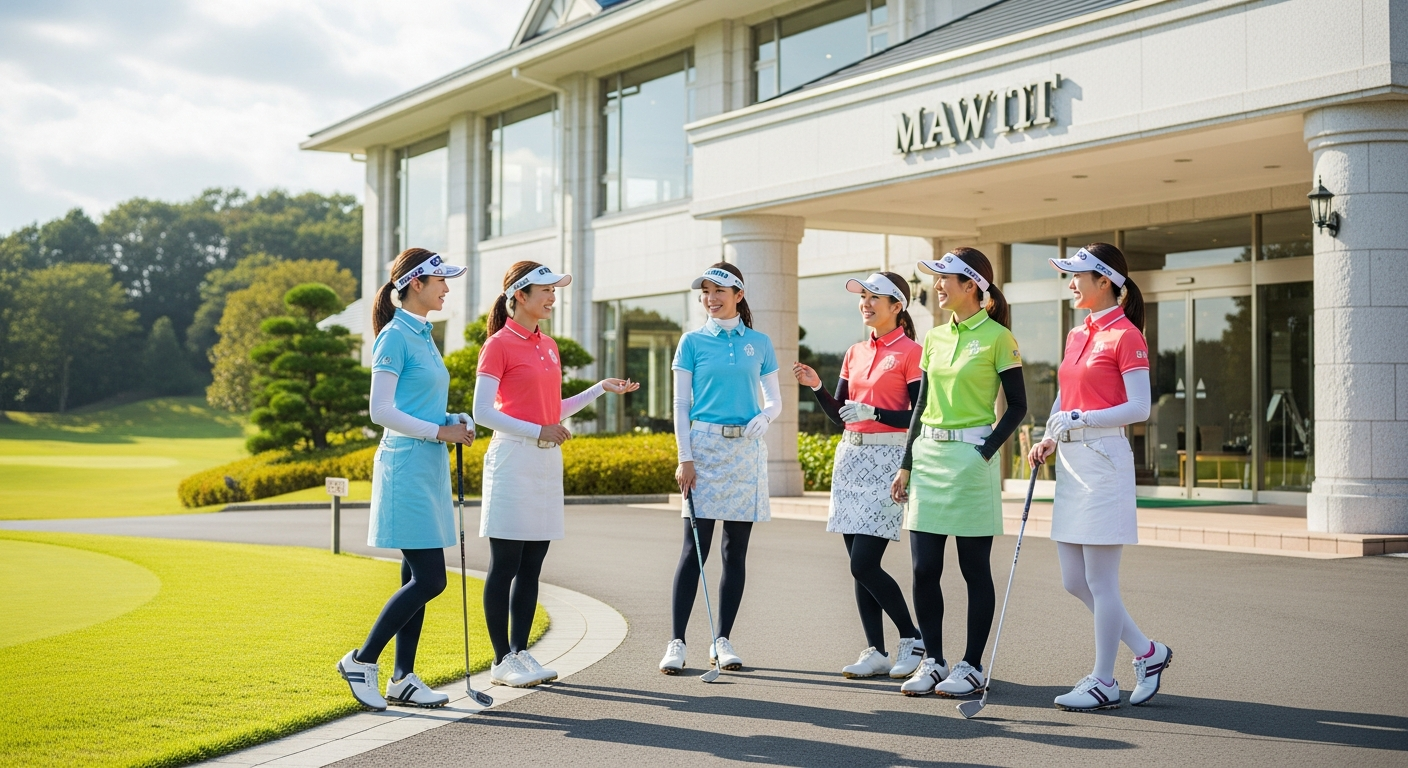 明るいゴルフ場のクラブハウス前で、適切なゴルフウェアを着た複数の日本人女性たちが談笑している様子。