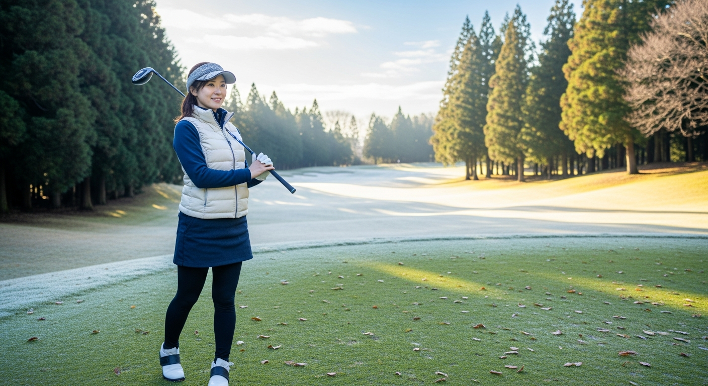 美しいゴルフコースで、季節に応じた適切なゴルフウェアを着た日本人女性がプレーしている場面。