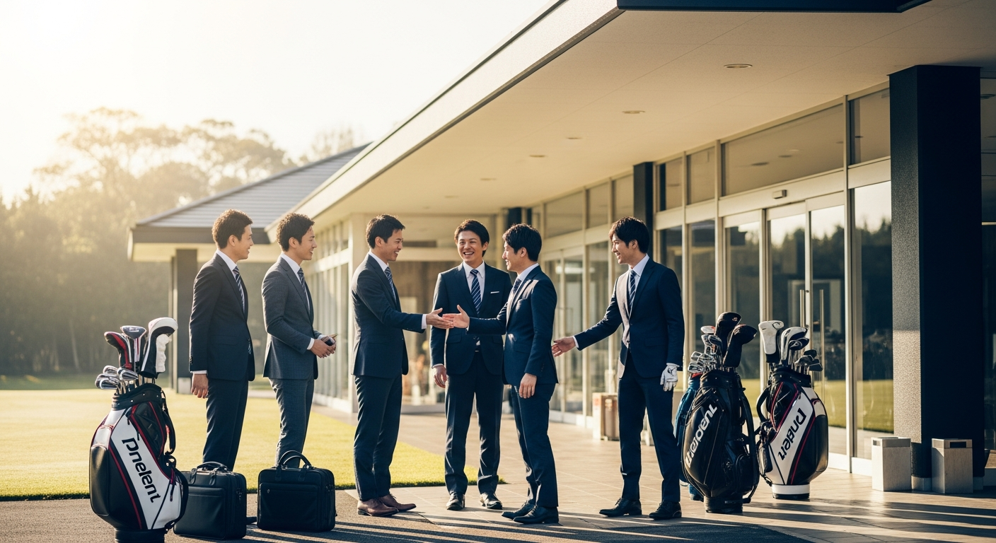 日本のゴルフ場のクラブハウス前で、スーツ姿の日本人ビジネスマン数名が笑顔で挨拶を交わしている様子。