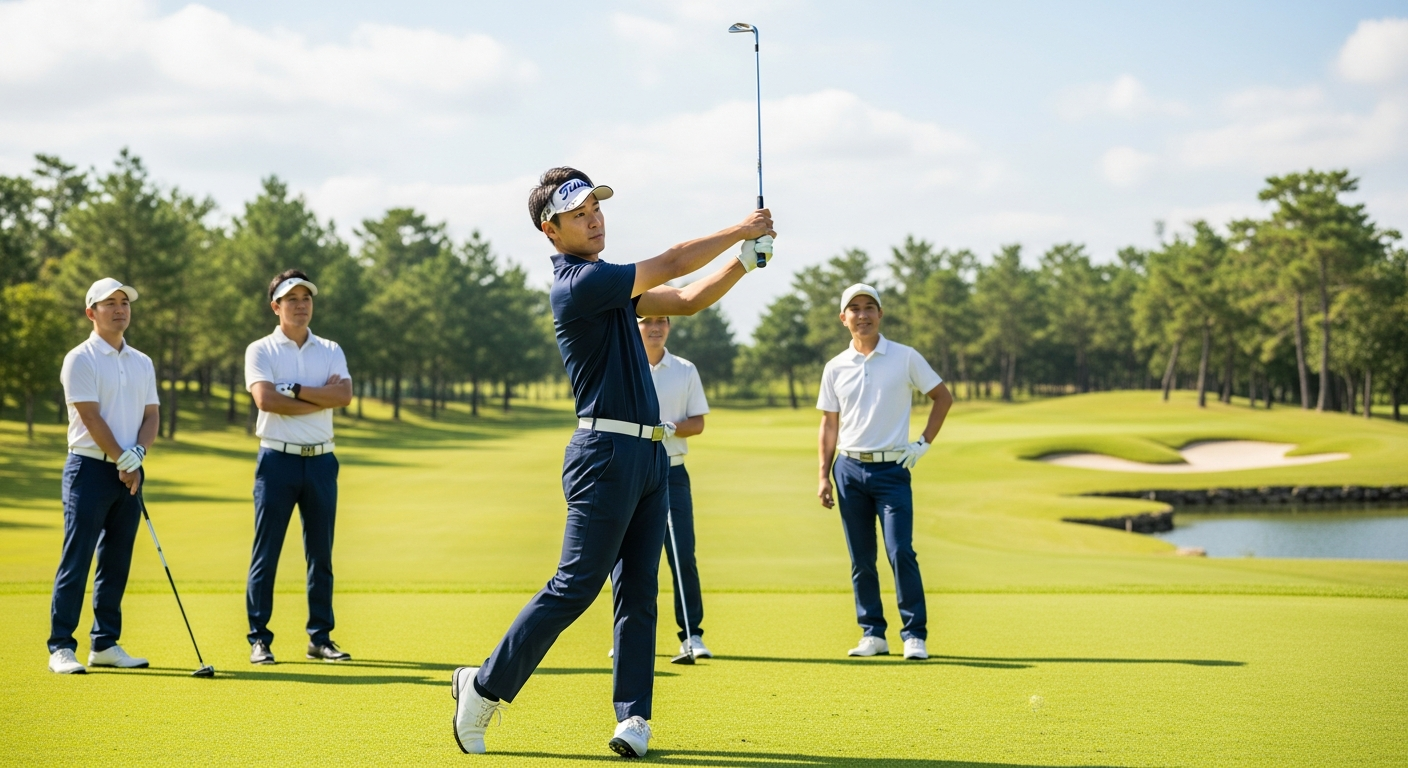 緑豊かなゴルフコースで、日本人のビジネスマンがゴルフクラブを振り上げる瞬間。