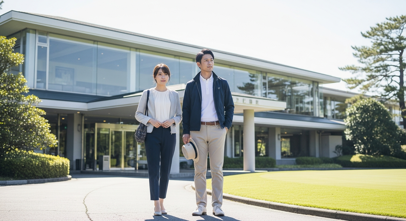 明るい日差しの中、日本の郊外にある整備されたゴルフ場クラブハウスのエントランス前を写した横長構図