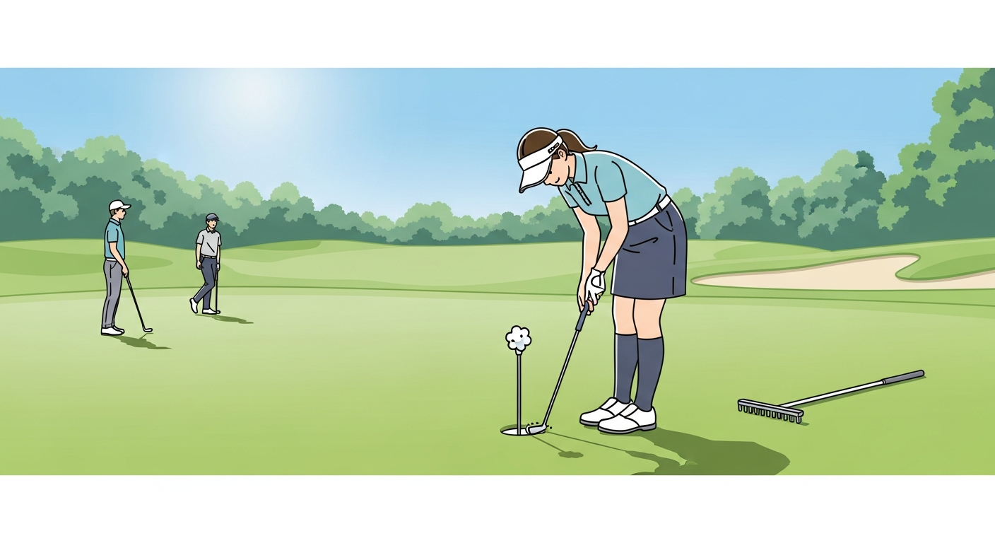 明るい昼間のゴルフ場のグリーンを舞台に、20代の日本人男女2~3人がラウンド中に正しいマナーを実践している様子を自然に収めた横長構図のイラスト