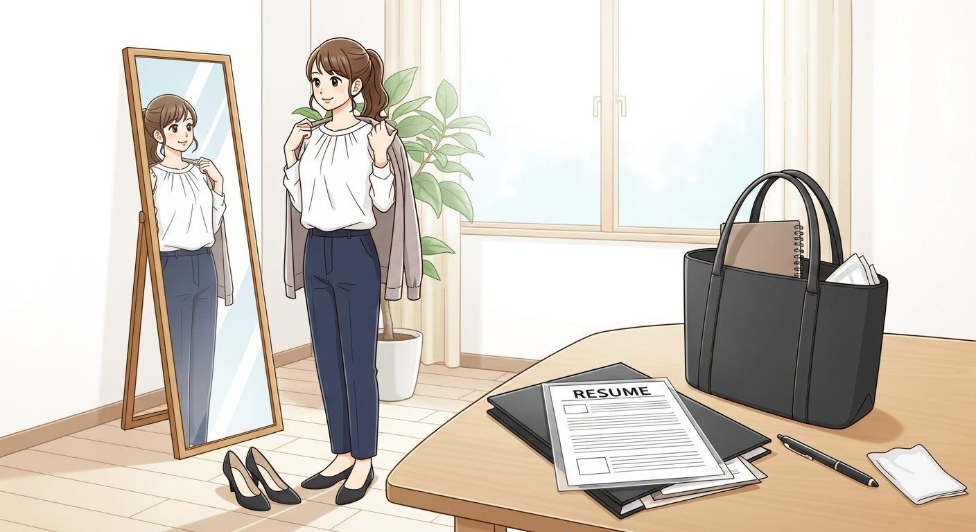 明るい色調で、パート面接に向かう準備シーンを描いたイラスト。