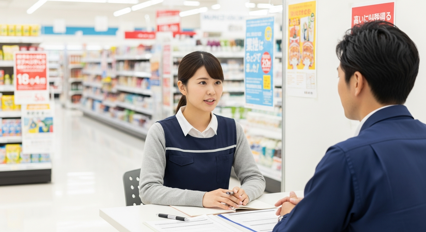 明るい色調で、清潔感のあるスーパーの面接シーン。