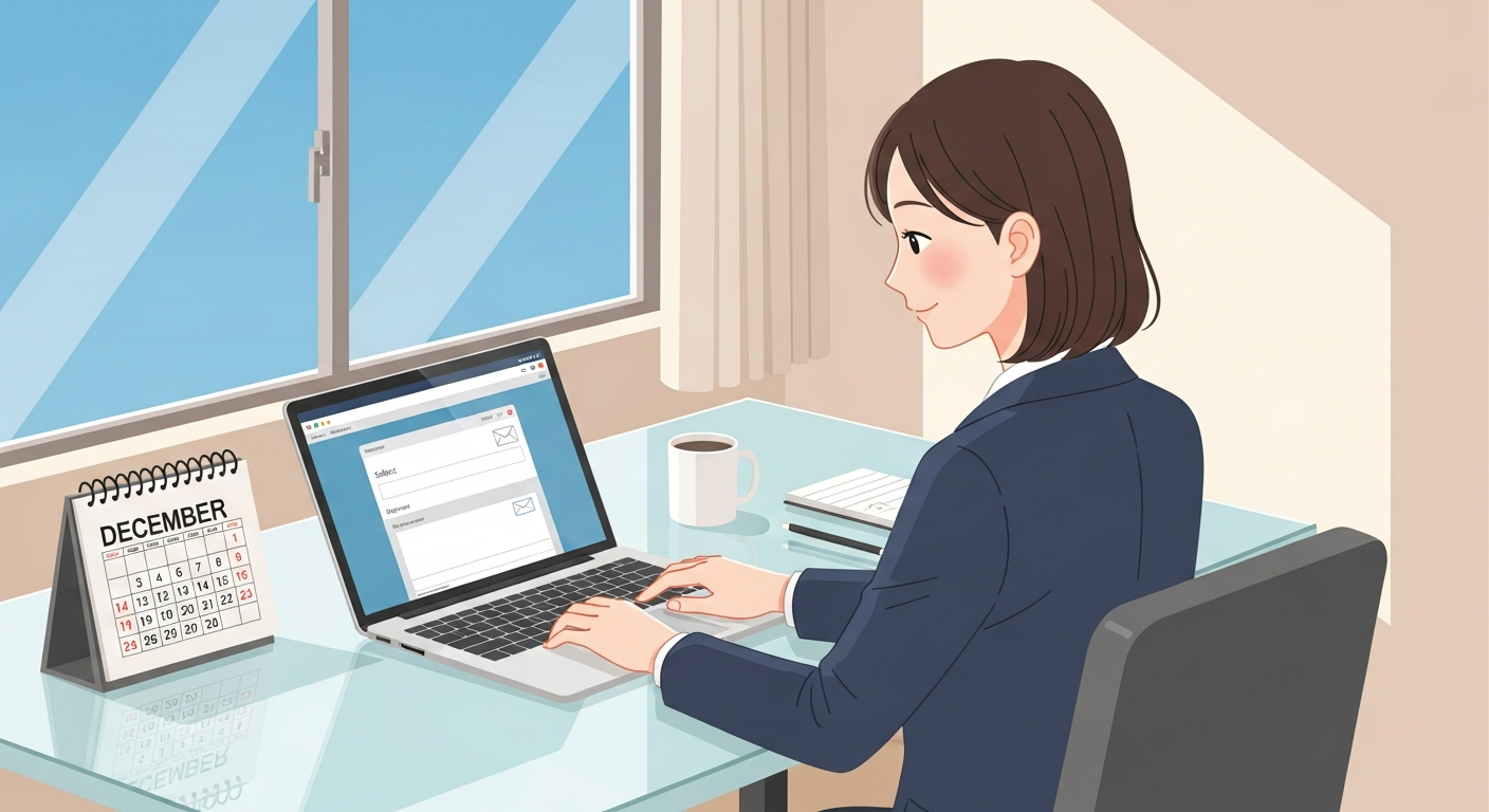 æããè²èª¿ã§ã幎æ«ã®ããžãã¹ã¡ãŒã«ãäœæããŠããæ§åãæãããWebèšäºçšã€ã©ã¹ãã