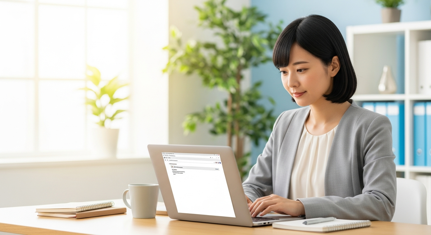 æããè²èª¿ã®ãªãã£ã¹ã§ãããœã³ã³ã«åãã£ãŠå¹Žæ«ã®æšæ¶ã¡ãŒã«ãæžããŠãã20ä»£ã®æ¥æ¬äººå¥³æ§ããžãã¹ããŒãœã³ã