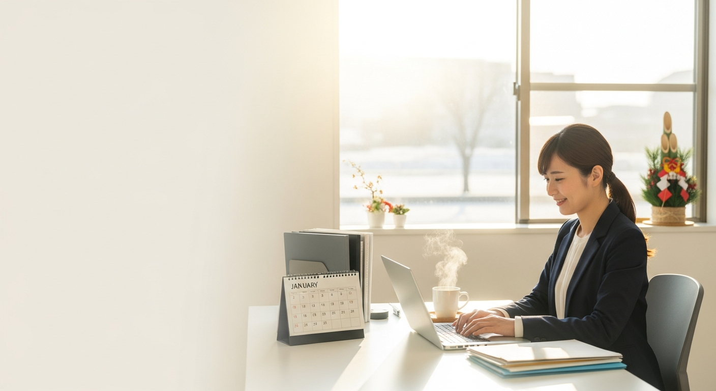 明るい色調で、冬の朝のオフィスを舞台にした自然な構図。