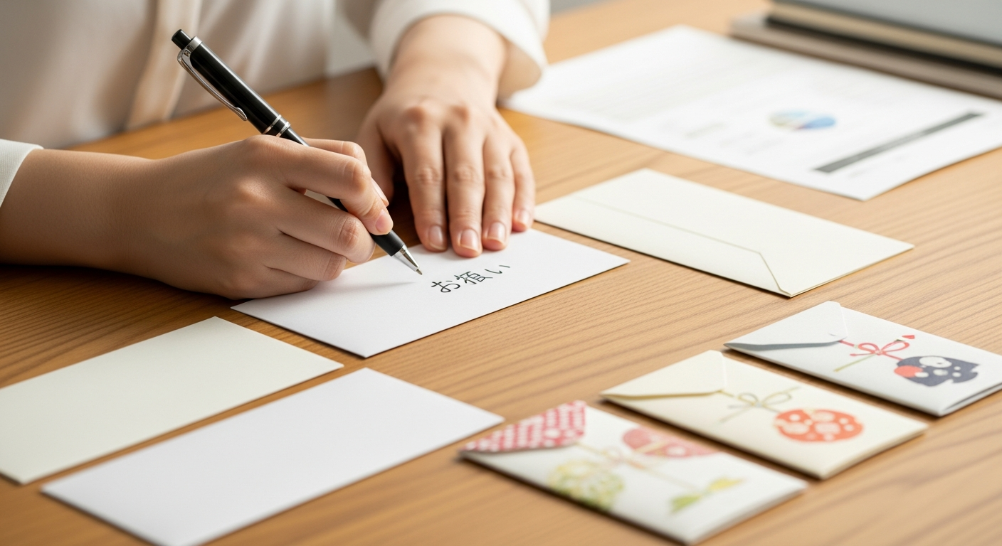 明るい色調で、木目のきれいなテーブルの上に、白無地や淡いクリーム色の長形封筒と、さりげなくかわいいデザインのポチ袋が数種類並べられている。