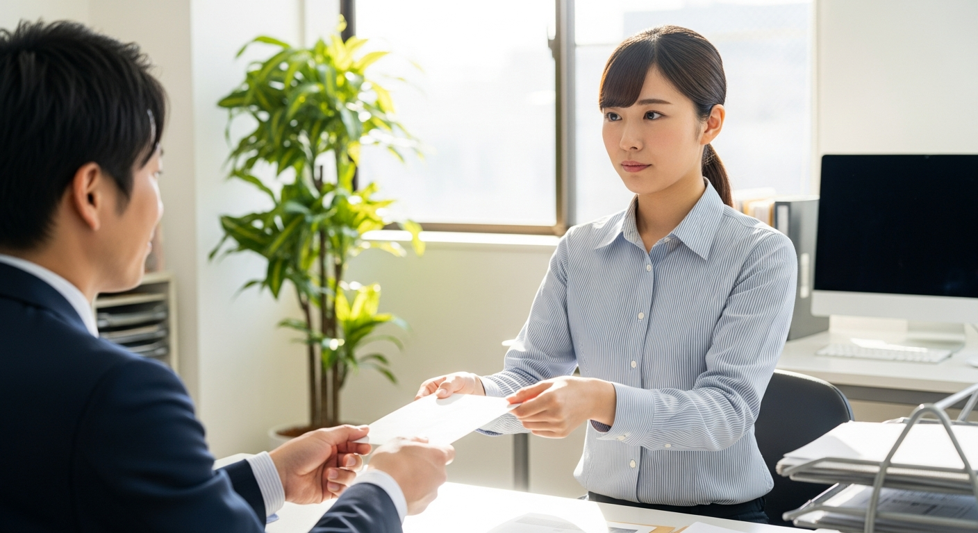 オフィスの一角、デスク横での自然なビジネスシーン。