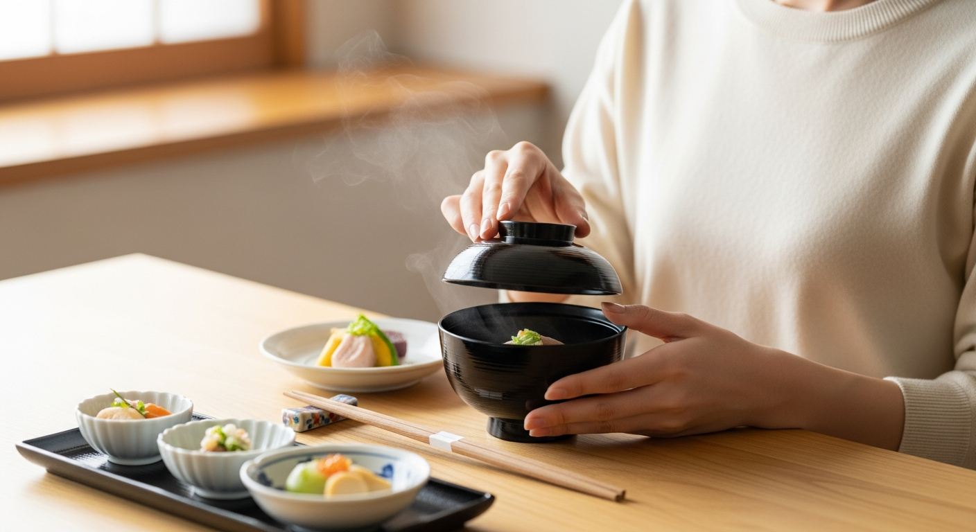 落ち着いた和食店のテーブル席、明るく柔らかな自然光。