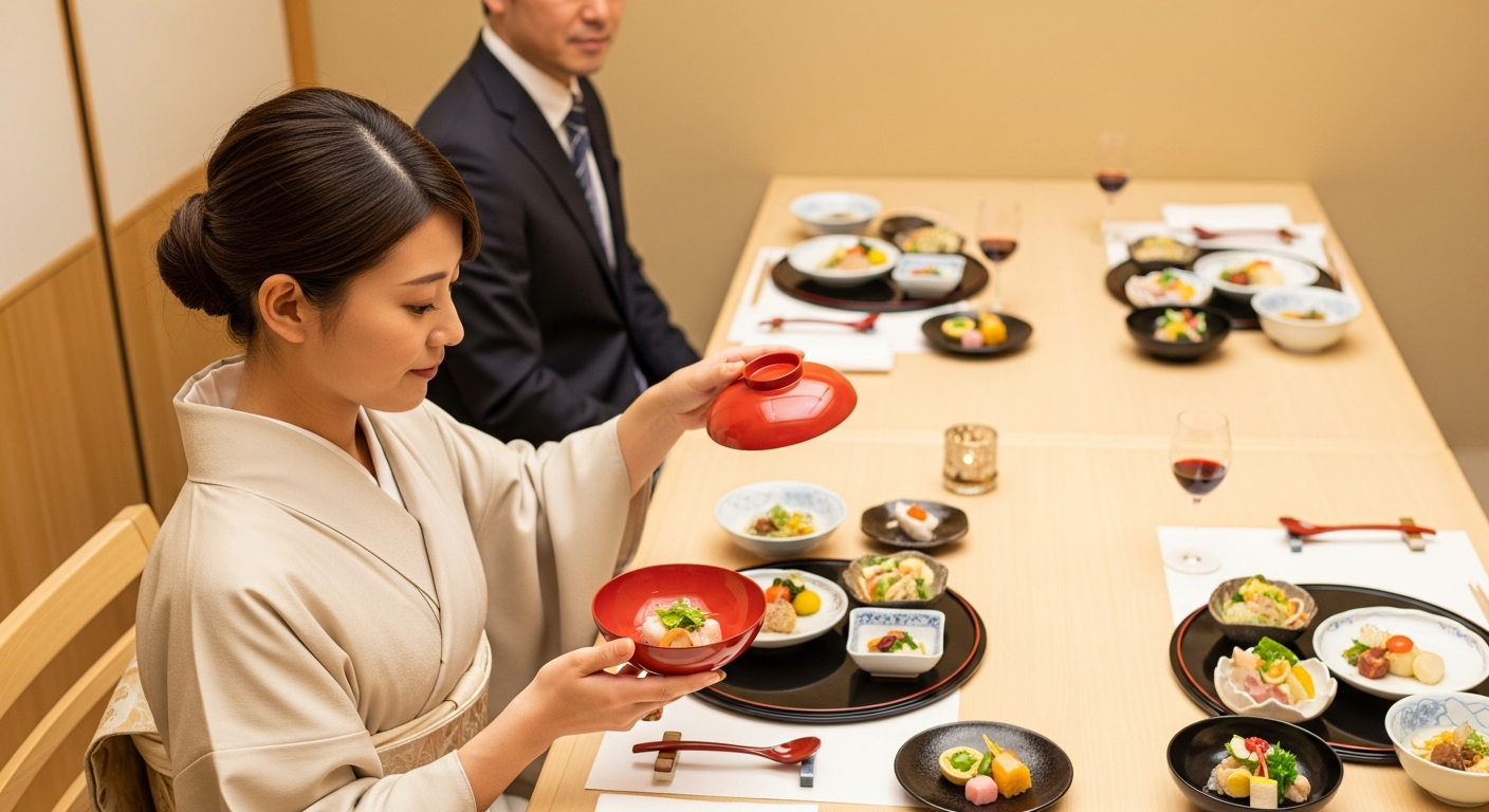 落ち着いた和風個室の懐石料理店のテーブルが俯瞰ぎみのアングルで写っている。