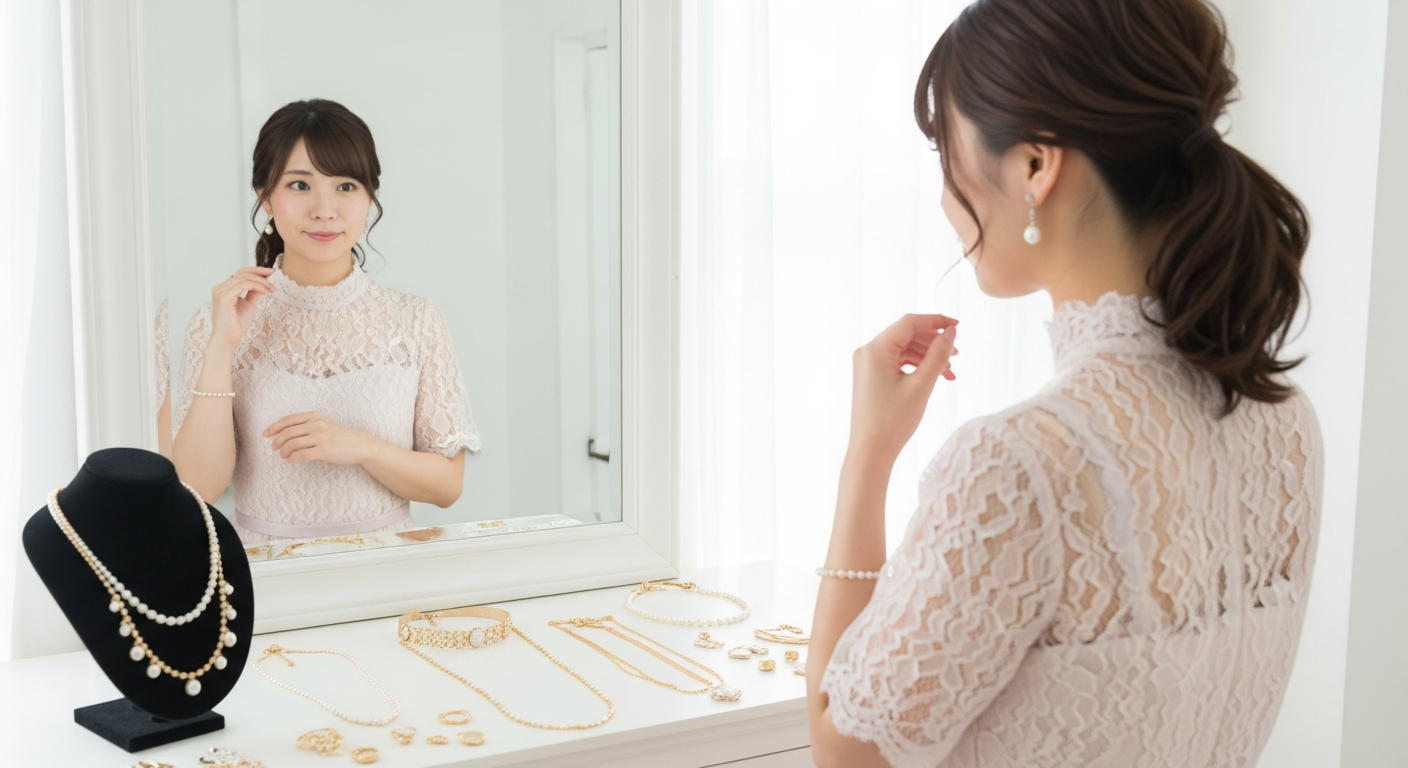 明るい会場で、上品なハイネックドレスを着た20代の日本人女性ゲストが、姿見の前でアクセサリー選びをしている様子。