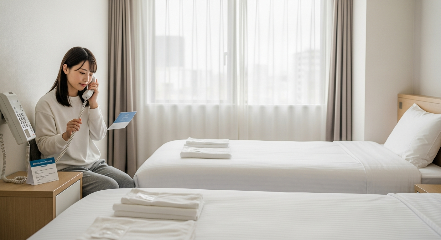 明るい色調のホテル客室、白とベージュを基調とした清潔感のあるビジネスホテル風のツインルーム。