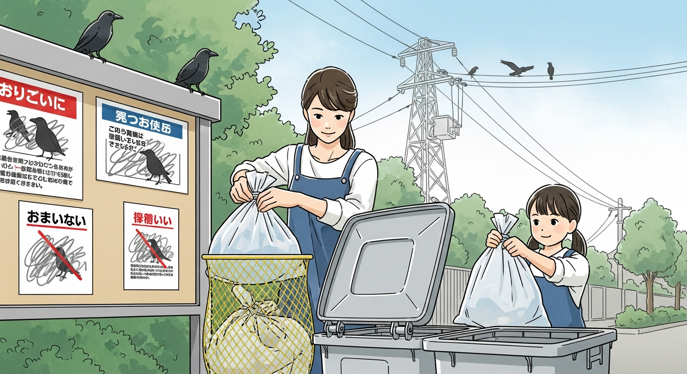 マンションの明るい朝のゴミ置き場を背景に、黄色いゴミネットやフタ付きの共同ゴミ箱にしっかりとゴミ袋を入れている様子を描いたイラスト。