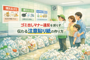 ナーやゴミ出しの注意貼り紙でトラブル減少