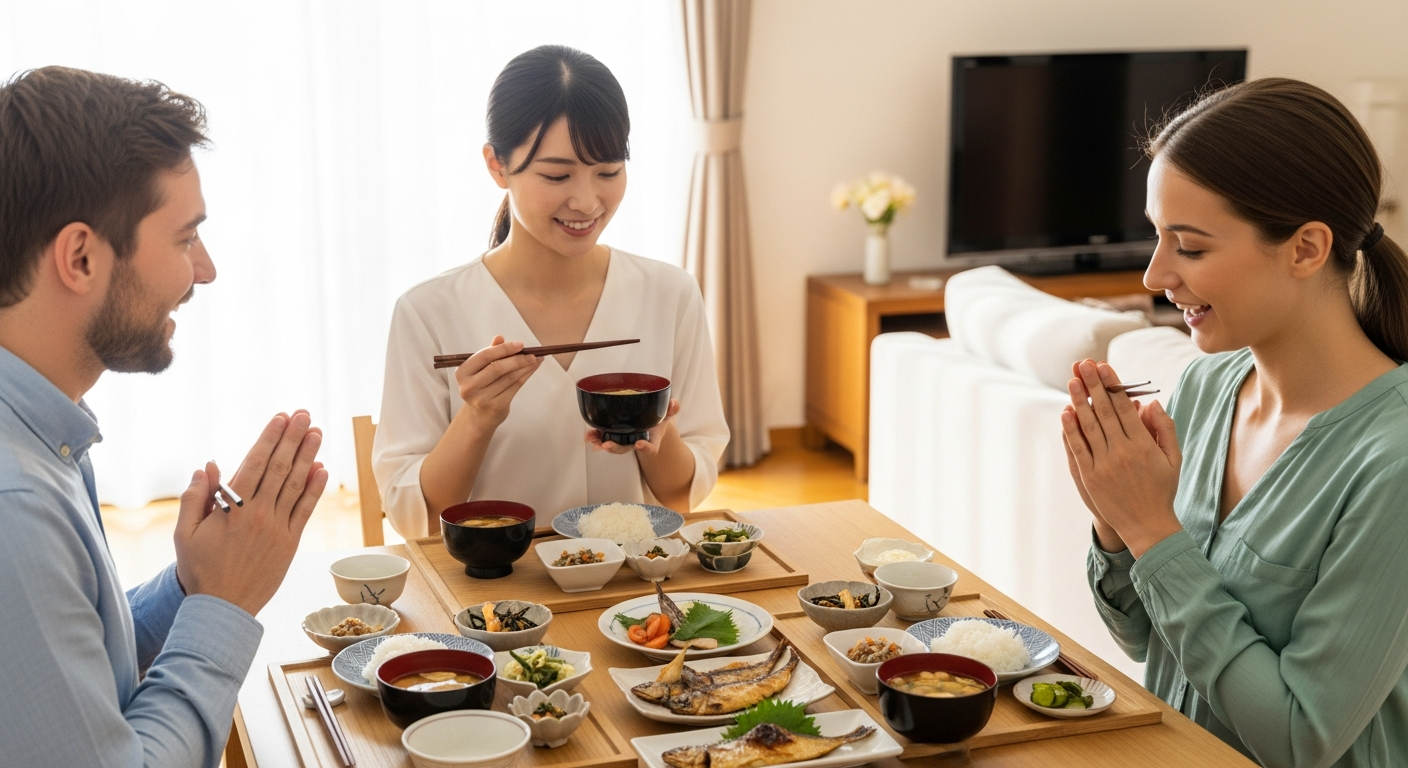 明るい色調、日本人の食事マナー、和食、外国人の驚き、を1枚で象徴的に表すWeb記事向け画像のプロンプト：  「木目のきれいなダイニングテーブルの上に、一汁三菜の和食が丁寧に並べられている。